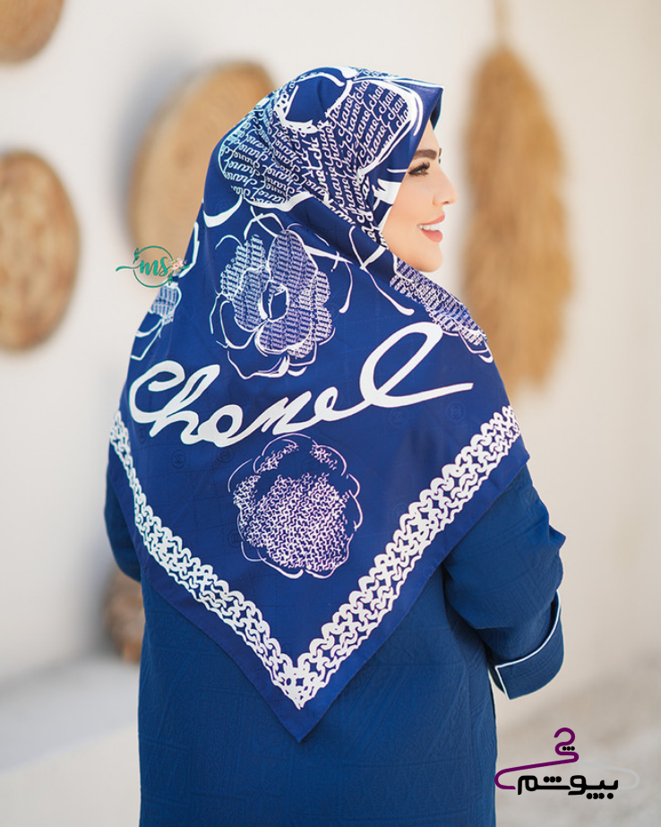 روسری ابریشم ژاکارد طرح شنل گل سرمه ای